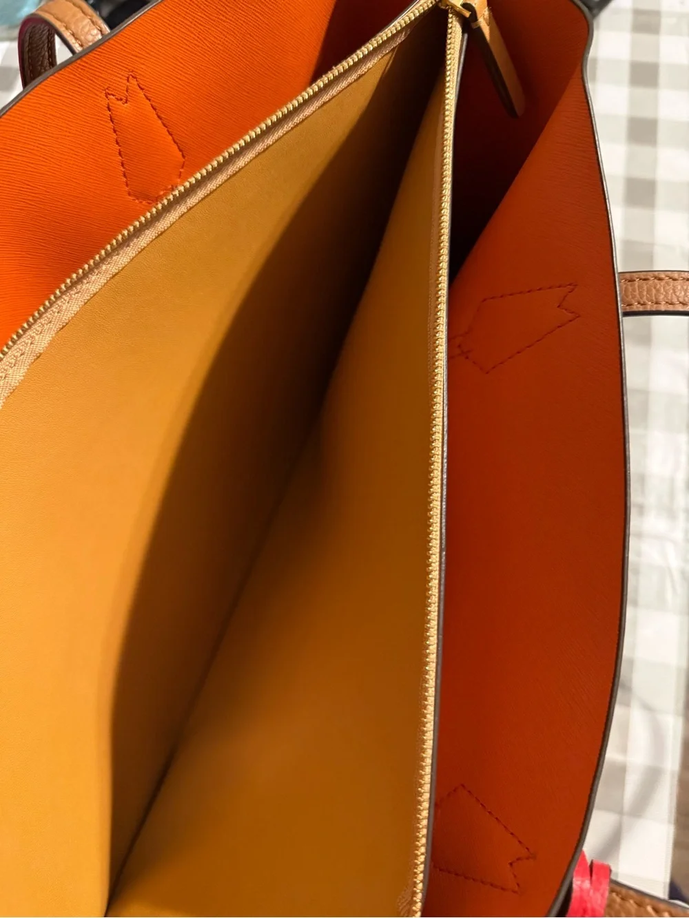 Tory Burch Perry Tote Bag in Cognac with Orange Interior